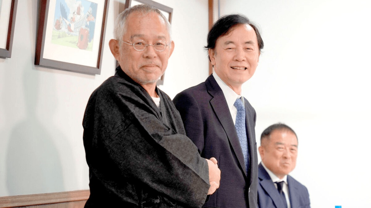 スタジオジブリ代表取締役社長の鈴木敏夫氏、日本テレビ代表取締役会長執行役員の杉山美邦氏(C)ORICON NewS inc.