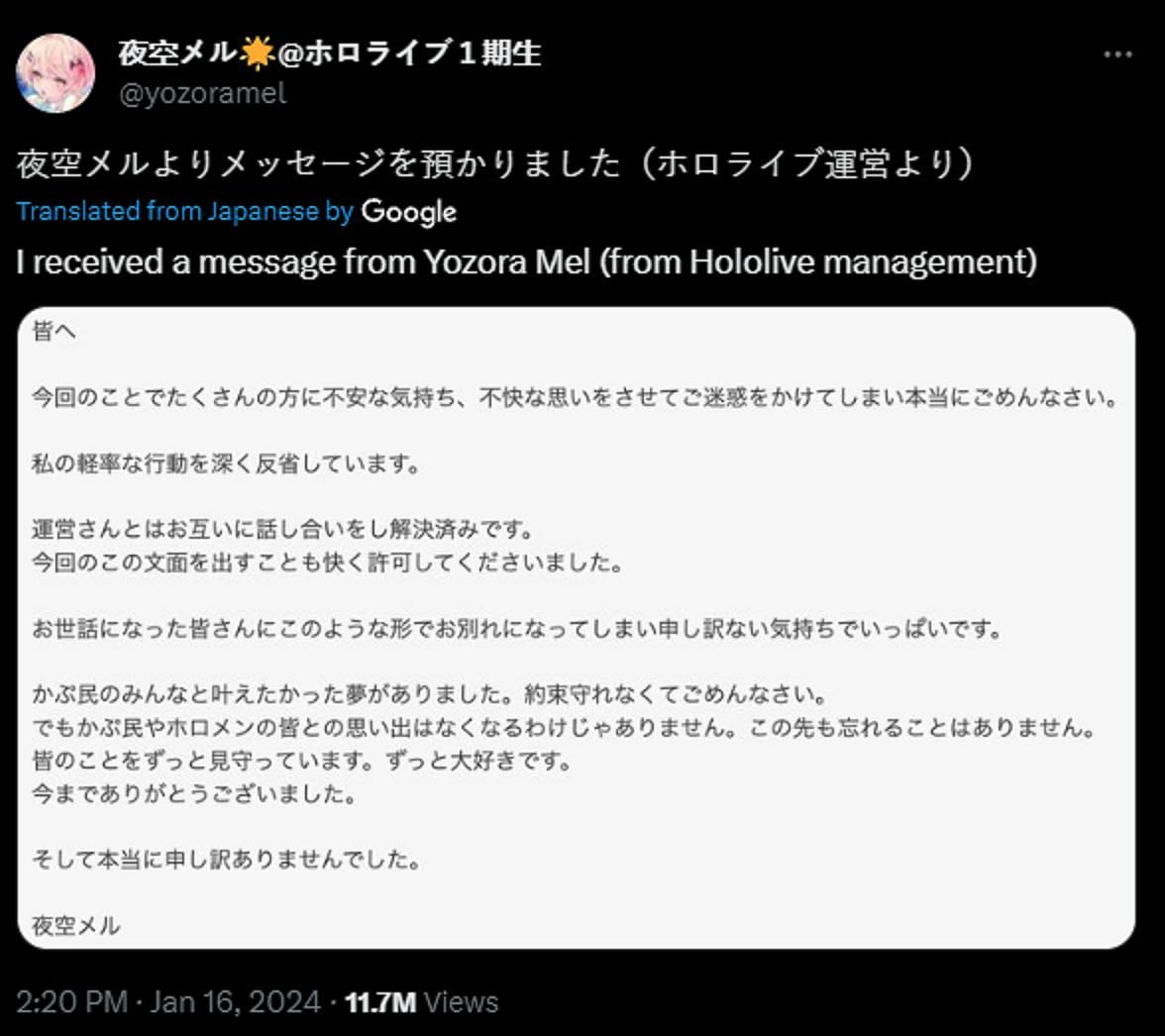 Yozora opens up following latest controversy (Image via X/Yozoramel)