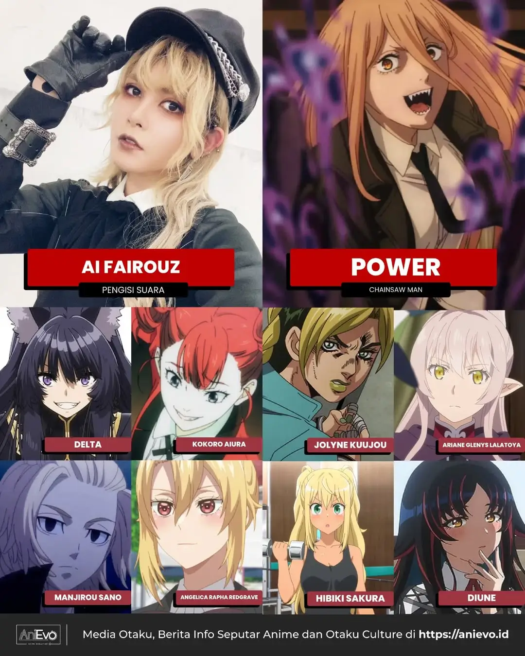 Beberapa karakter Power dari anime Chansaw Man yang sama sama di isikan oleh Ai Fairouz antara lain.Given name  あいFamily name  ファイルーズ@ fairouz ai𝘠𝘶𝘬 𝘋𝘶𝘬𝘶𝘯𝘨 𝘈𝘯𝘪𝘮𝘦